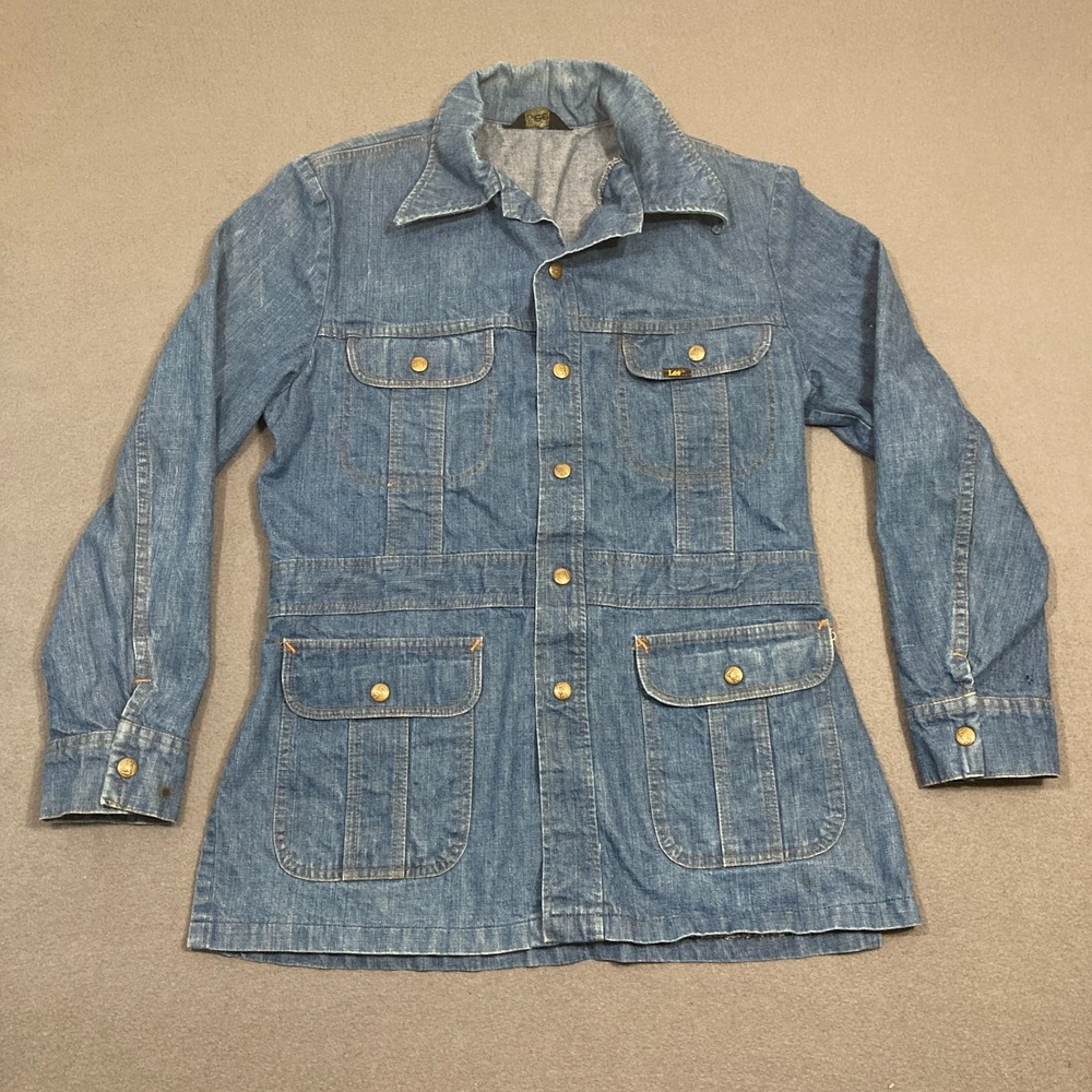 Vintage‎ Lee Safari Chore Jacket Mens Large R Blue Denim Made In USA Logo READ